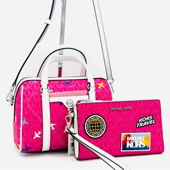 Michael Kors Small Travel Duffle Xbody Bag & Double Zip Wallet Matching Set - Picture 1 of 9